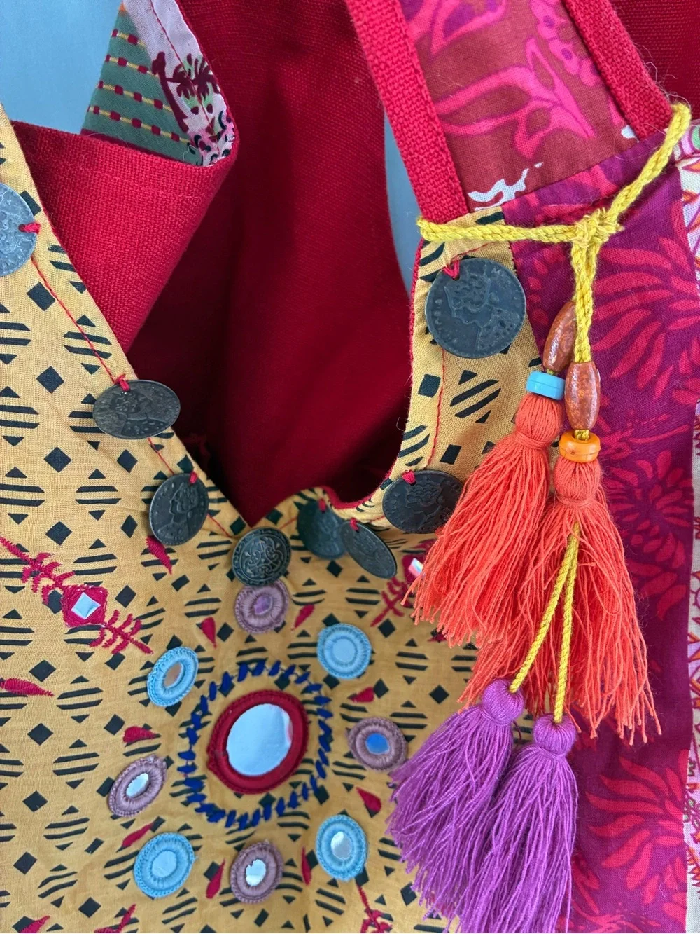 Boho Embroidered Tassel Shoulder Bag in Mustard & Red NEW